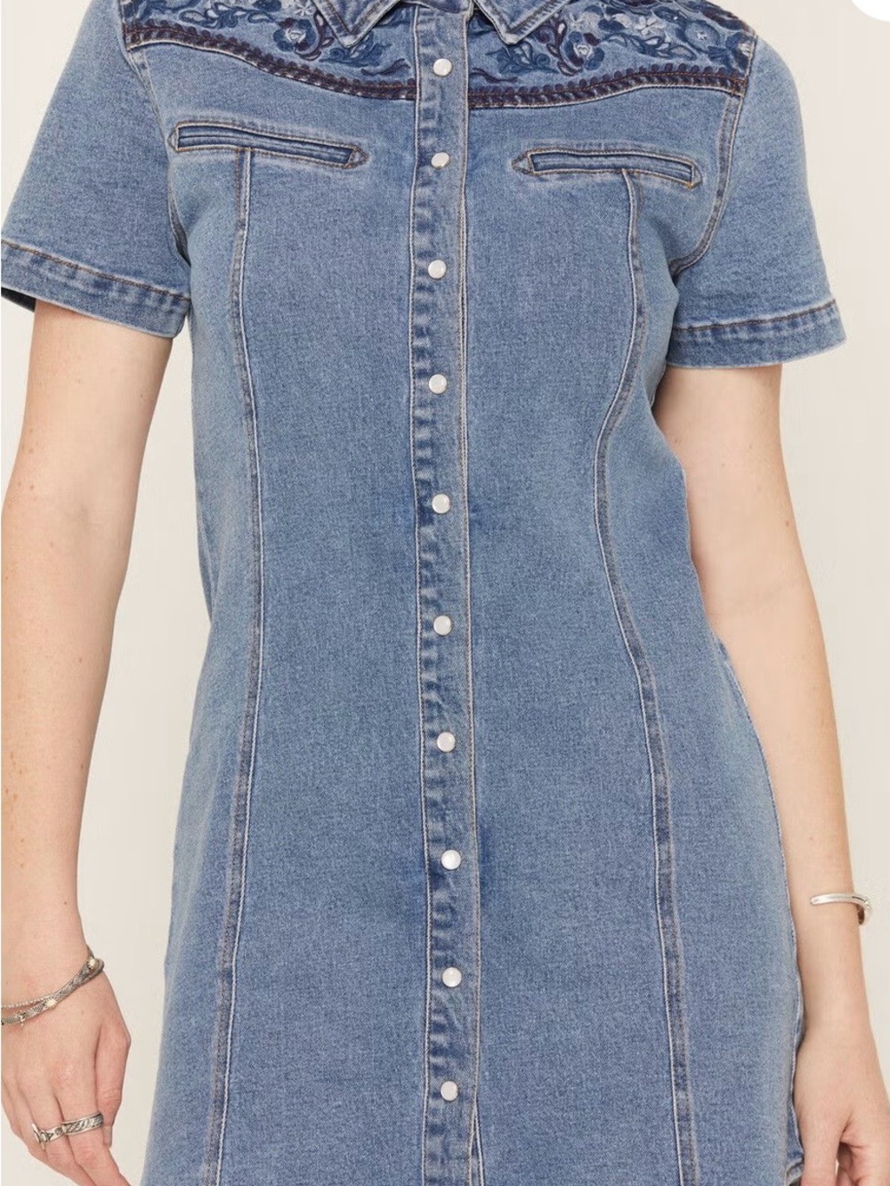 Light Blue Embroidered Denim Mini Dress with Snap Front